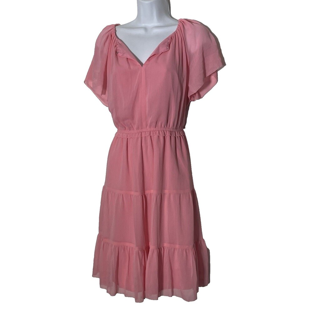 Ann Taylor Women’s MP Medium Petite Pink Tiered Notch Neck Dress Box 9